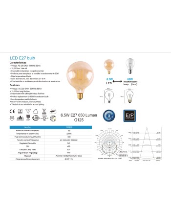 BOMBILLA LED VINTAGE AMBAR  G125 - E27 – 6,5W - 2200K